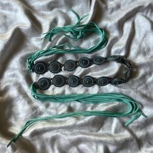 Vintage Y2K Boho Western Turquoise Belt Blue Stone Beaded Tie Up Festivals